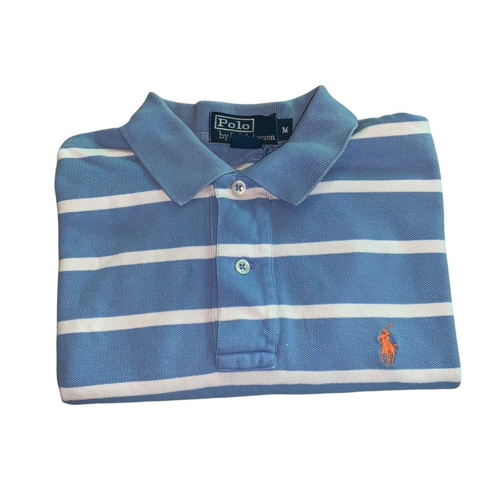 Polo Ralph Lauren Polo Shirt Mens Med Logo Orange Pony White Blue Stripe READ